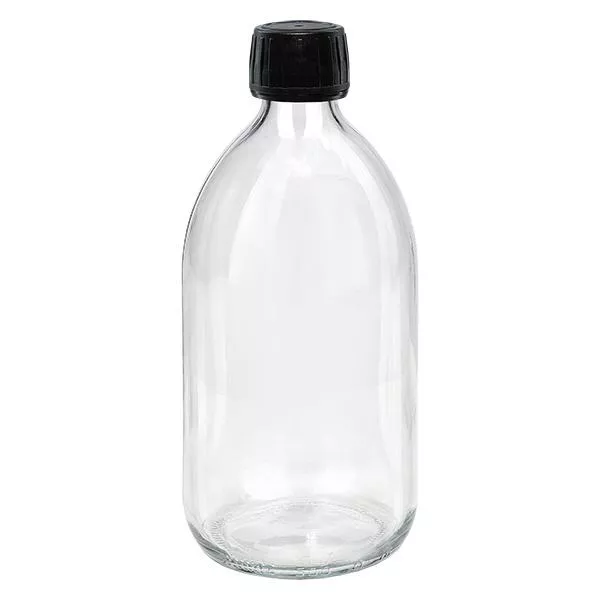 500ml Medizinflasche klar, Verschluss schwarz mit Originalitätsring ApoGlas 500ml Medizinflasche klar, Verschluss schwarz mit Originalitätsring ApoGlas