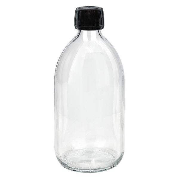 500ml Medizinflasche klar, Verschluss schwarz mit Originalitätsring ApoGlas 500ml Medizinflasche klar, Verschluss schwarz mit Originalitätsring ApoGlas