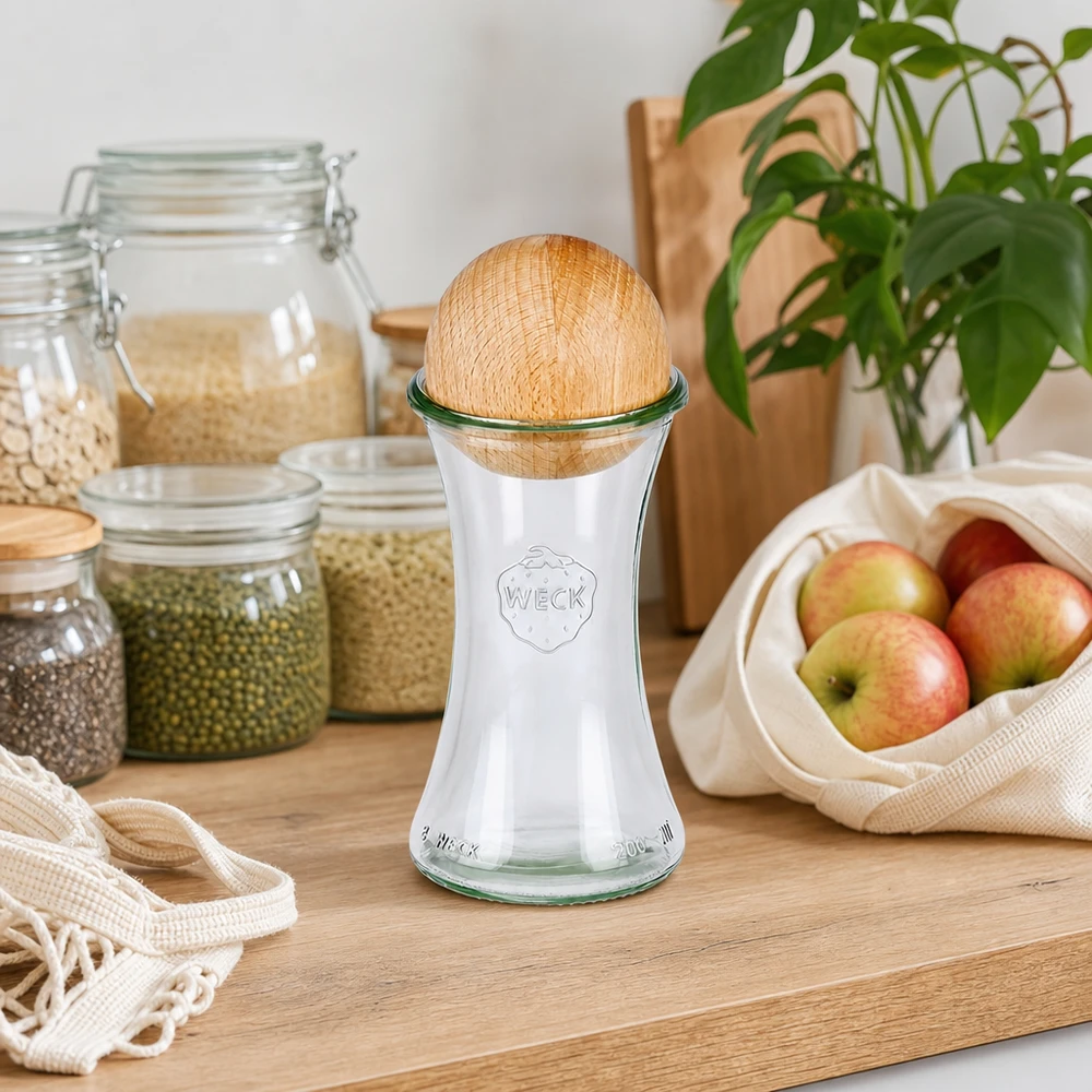 WECK Glas 200ml RR60 mit Buchenkugel in nachhaltiger Zero-Waste Küche mit Vorratsgläsern und Äpfeln