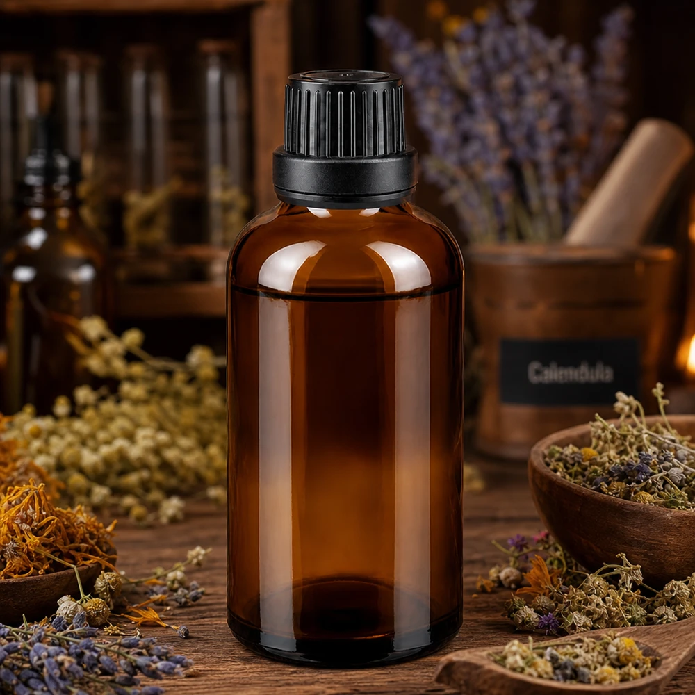 Kleine Apothekerflasche 50ml aus UV-Schutzglas mit Schraubdeckel auf rustikalem Holz mit Wildblumen