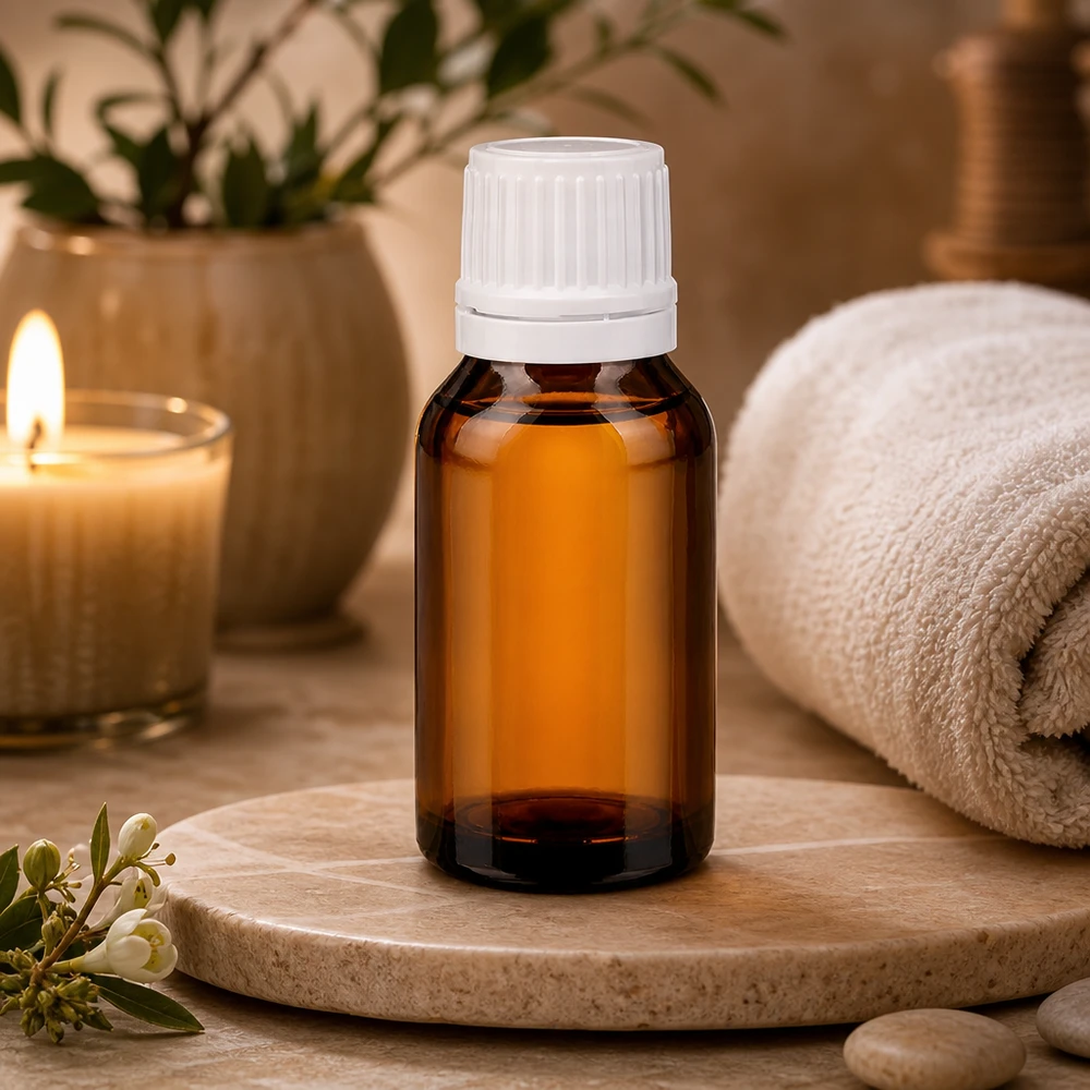 Zylindrische Braunglas Flasche 15ml mit weißem Verschluss im Spa Ambiente