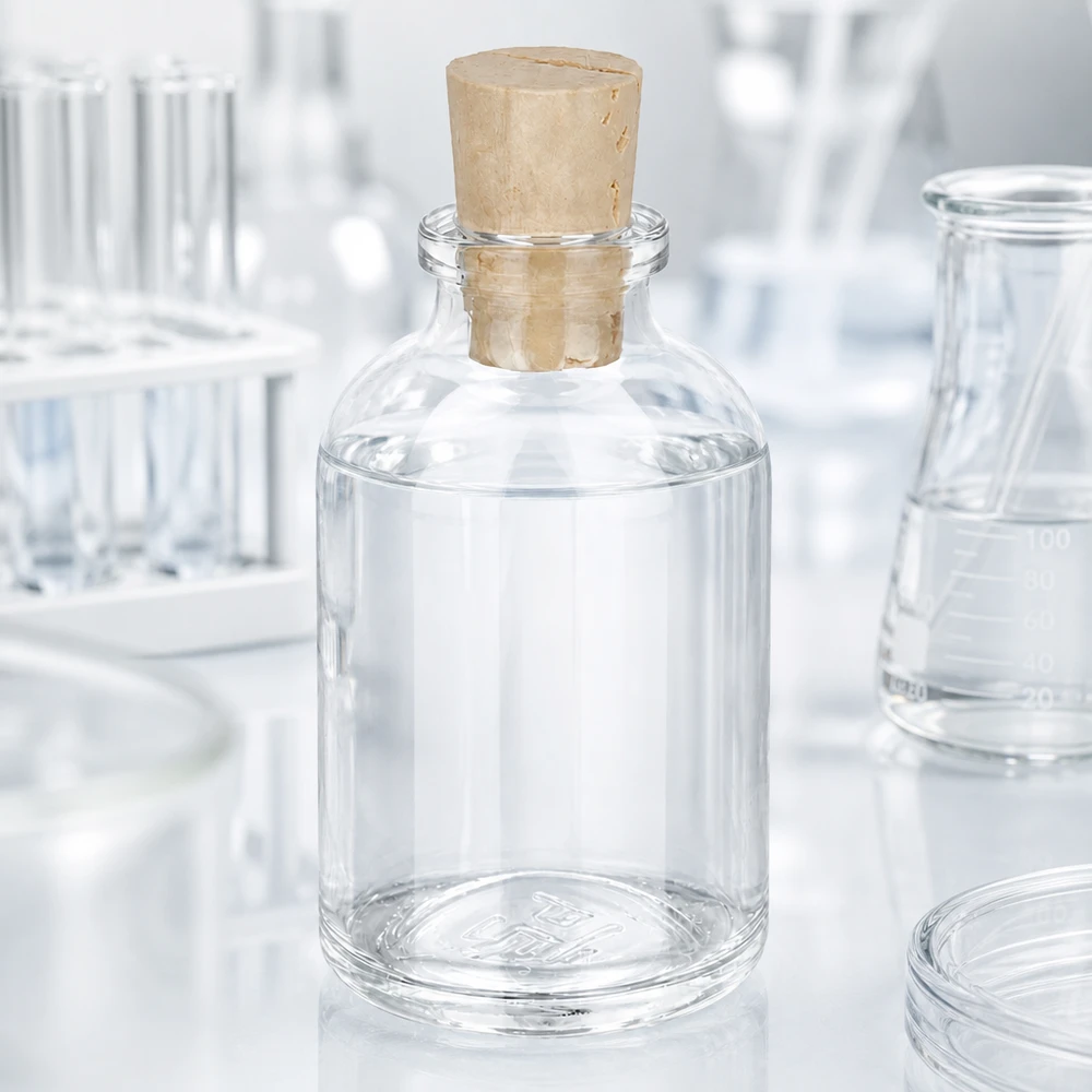 Kleine Laborflasche Klarglas 50ml mit Kork im Laborumgebung Frontalaufnahme