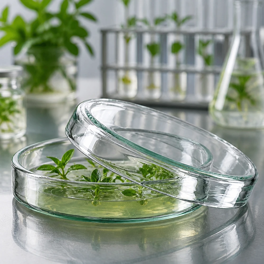 Zwei transparente Borosilikatglas-Petrischalen 60x15 mm mit grünem Pflanzenmaterial