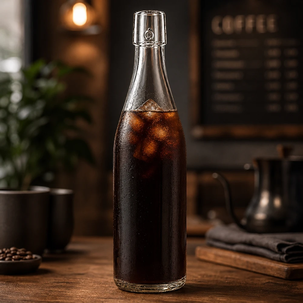 500ml UNiTWIST Glasflasche mit Cold Brew Kaffee und Eis befüllt auf rustikalem Holztisch in Café-Atmosphäre