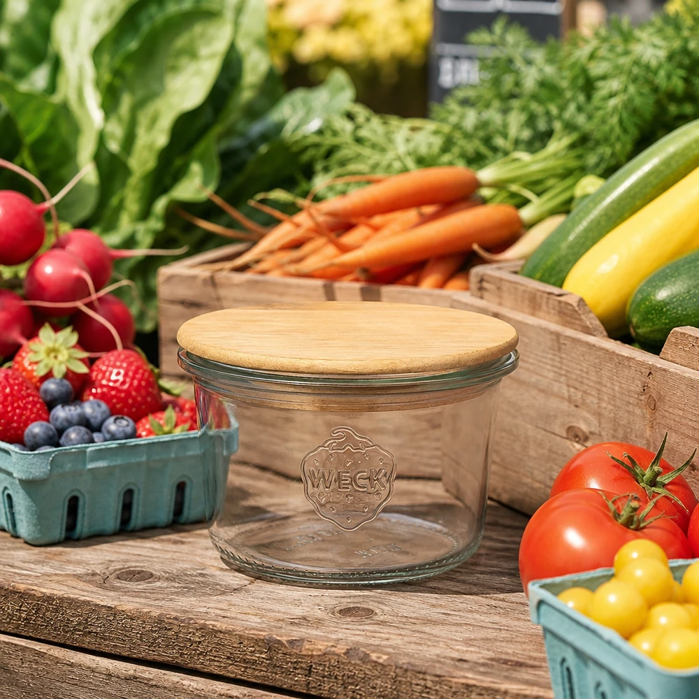 WECK Sturzglas 80ml RR60 mit Bambusdeckel zwischen frischem Gemüse und Obst auf Holztisch Marktstand Atmosphäre