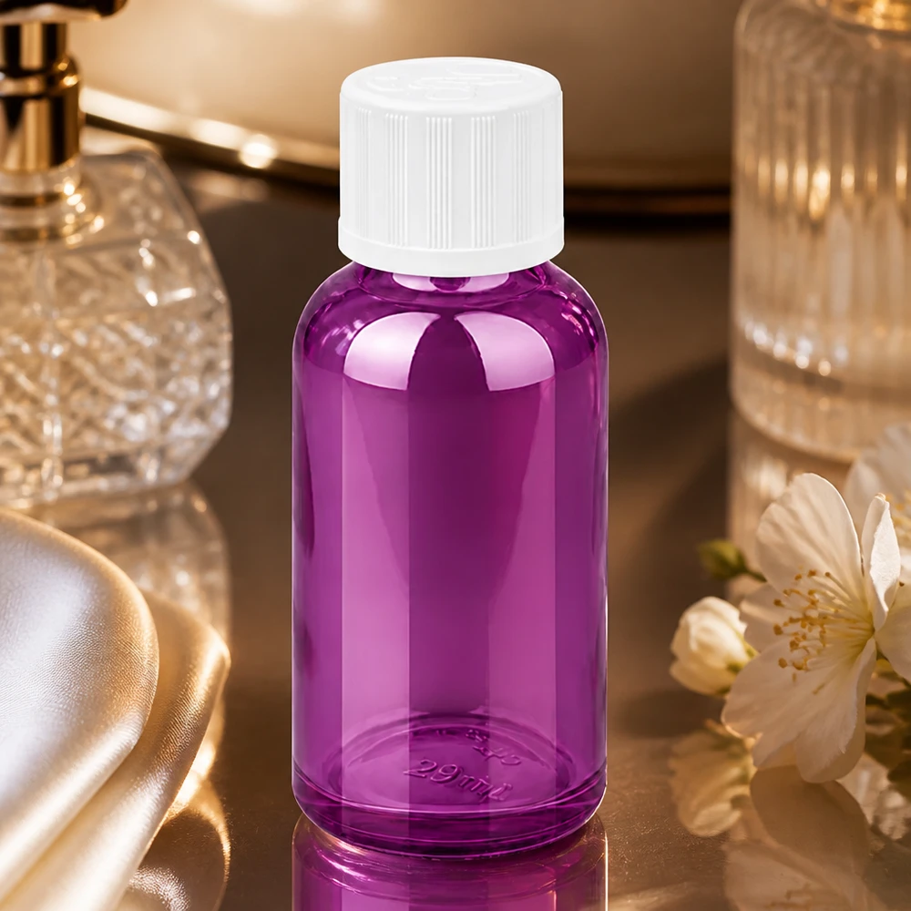 30ml Tropfflasche 1.2mm weiß Standard Kindersicher PurpleLine.UT18/30 30ml Flasche mit Tropfeinsatz in Purple für pharmazeutische und kosmetische Präparate