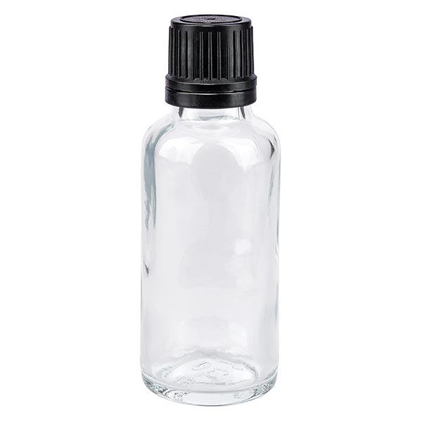 Apothekenflasche klar 30ml Tropfverschluss Giessring 1mm schwarz Originalitätsverschluss Apothekenflasche klar 30ml Tropfverschluss Giessring 1mm schwarz Originalitätsverschluss