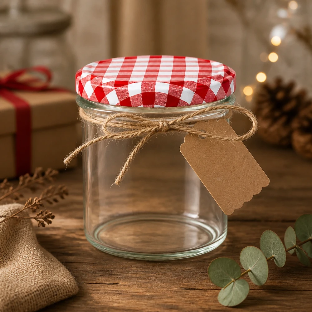 350ml Sturzglas + BasicSeal Deckel rot/weiß UNiTWIST 350ml Sturzglas als Geschenkverpackung mit Juteschnur und Anhänger, rot-weiß karierter Deckel, weihnachtlich dekoriert