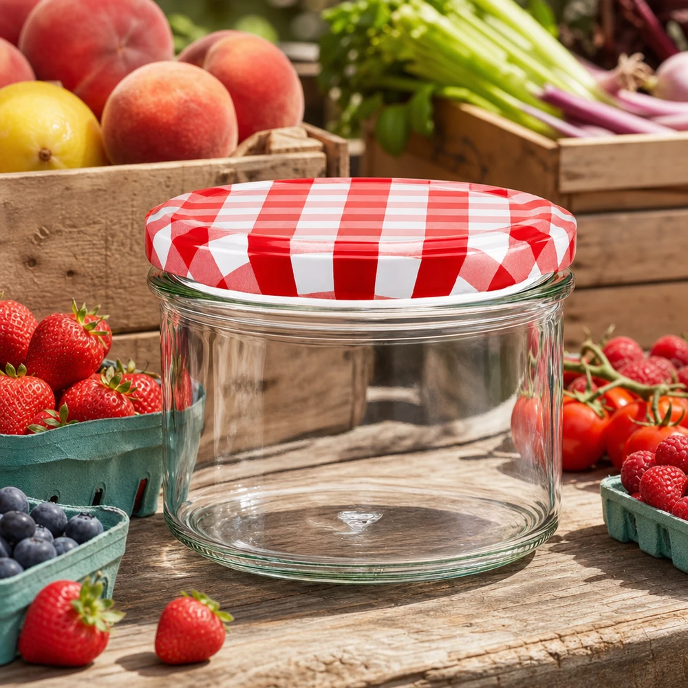 225ml Sturzglas leer mit rot-weiß kariertem BasicSeal Deckel umgeben von frischem Obst und Gemüse zum Einkochen