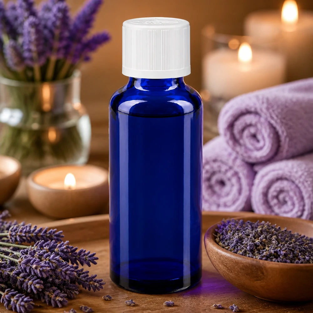 Apothekenflasche blau 30ml Schraubverschluss weiß Kindersicherung Standard Kobaltblaue Apothekerflasche 30ml mit Schraubverschluss für ätherische Öle und Aromatherapie