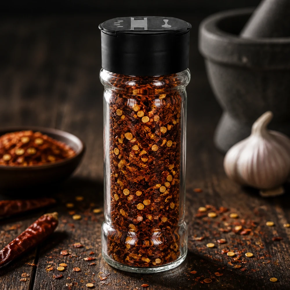 Kleines Streuglas 100ml mit rotem Chilipulver und gelblichen Samen auf Holzuntergrund