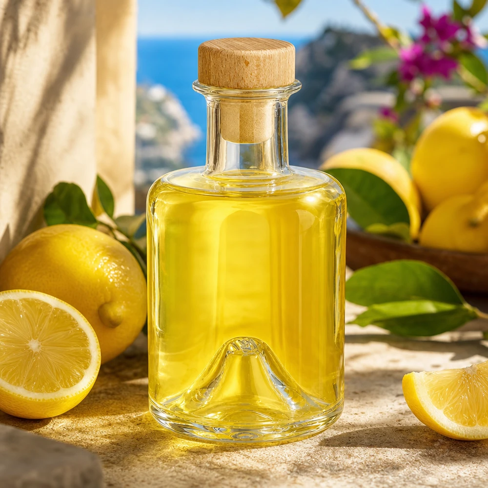 200ml Glasflasche "Sofia" mit Holzgriff-Korken UNiTWIST 200ml Glasflasche Sofia gefüllt mit Zitronenöl neben frischen Zitronen in mediterraner Küche Lifestyle-Aufnahme