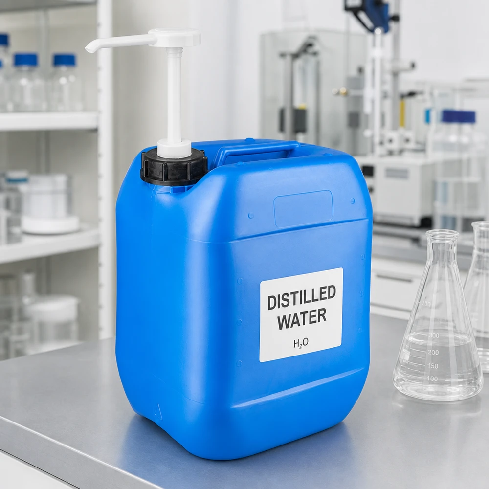 Robuster blauer Kunststoffkanister 10 Liter mit Pumpe im professionellen Laborumfeld