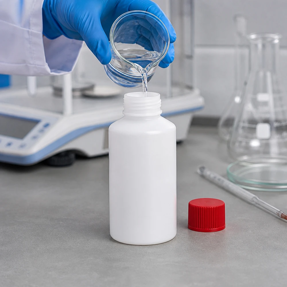Chemikalienbeständige HDPE Flasche 50ml weiß mit rotem Schraubdeckel neben Analysenwaage