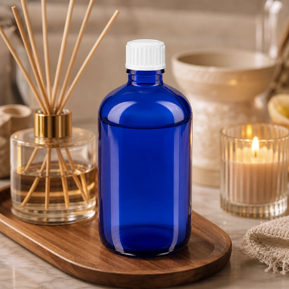 Apothekenflasche blau 100ml Schraubverschluss weiß Standard Blaue Glasflasche 100ml neben Raumduft-Diffuser und Kerze in entspannter Spa-Atmosphäre