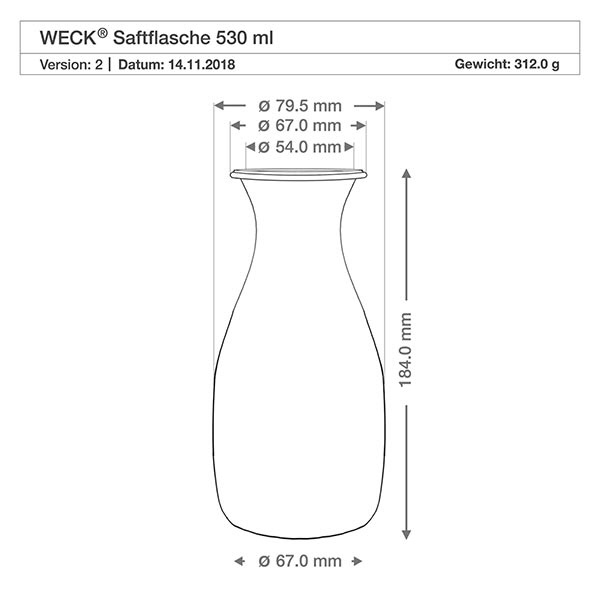 530ml Saftflasche WECK RR60 mit Korken natur WECK Saftflasche 530ml RR60 technische Zeichnung mit Maßangaben Durchmesser Höhe Gewicht Produktspezifikation