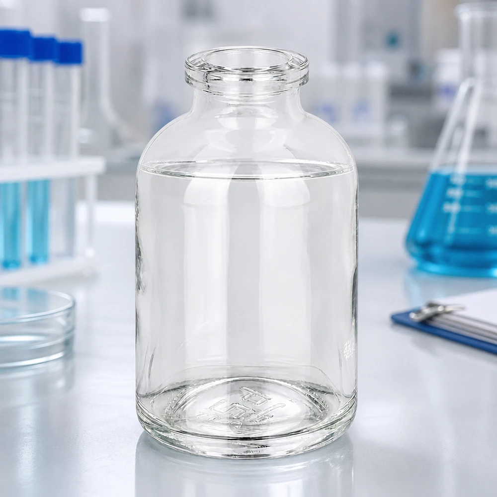 50ml Glasflasche mit Rollrand für Injektionslösungen in klinischer Laborumgebung
