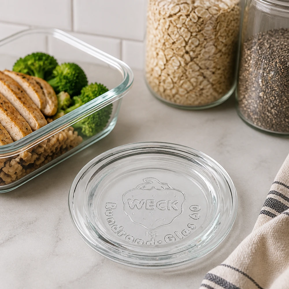 WECK Glasdeckel RR60 WECK Glasdeckel RR60 auf Marmor-Arbeitsplatte neben Meal-Prep-Container mit Brokkoli und Vorratsgläsern Küchen-Lifestyle
