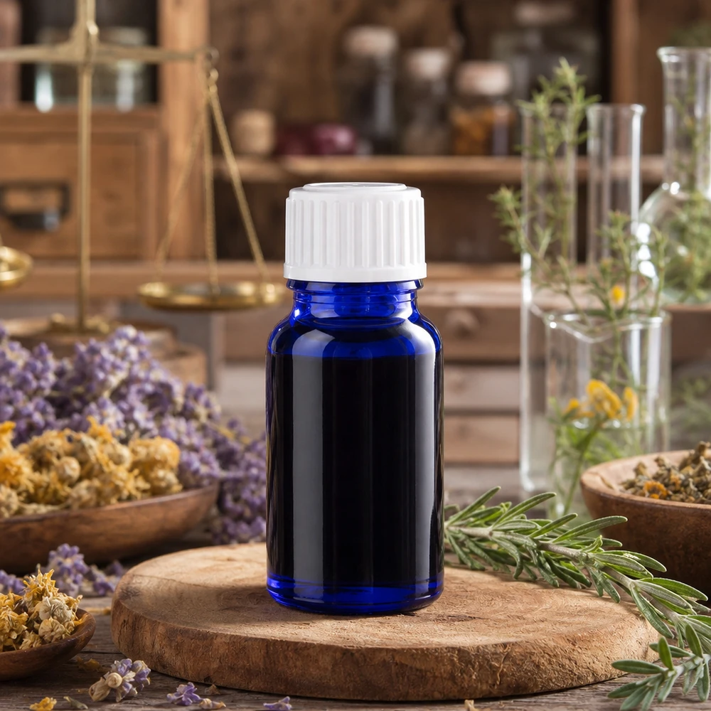 Apothekenflasche blau 10ml Schraubverschluss weiß Globuli Standard Kleine Apothekerglasflasche 10ml in Kobaltblau auf Holzscheibe mit Rosmarinzweig