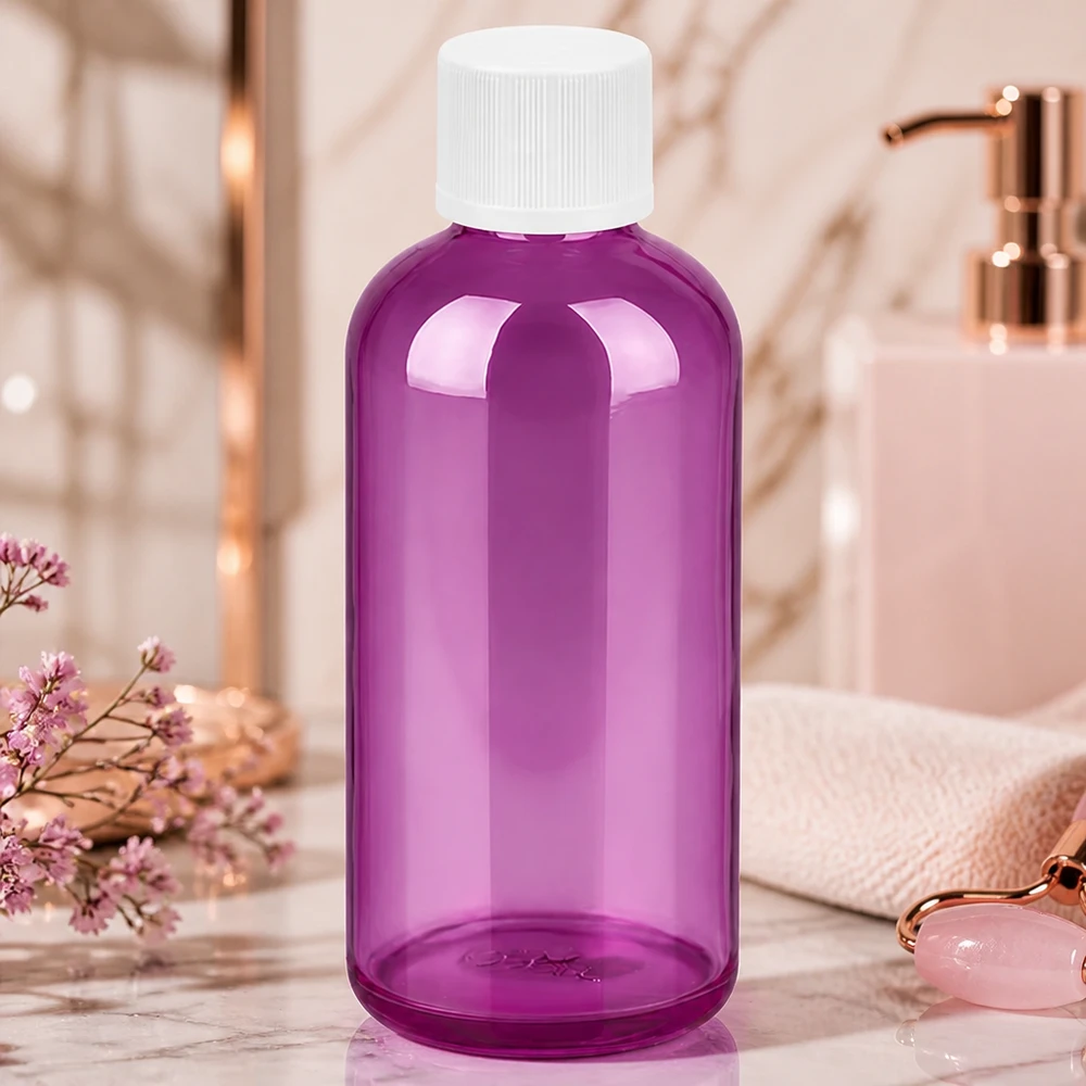 100ml Flasche 11mm Schraubverschluss weiß Standard Kindersicher PurpleLine. UT18/100 UV-beständige lila Kunststoffflasche 100ml mit dichtem Verschluss für langfristige Lagerung