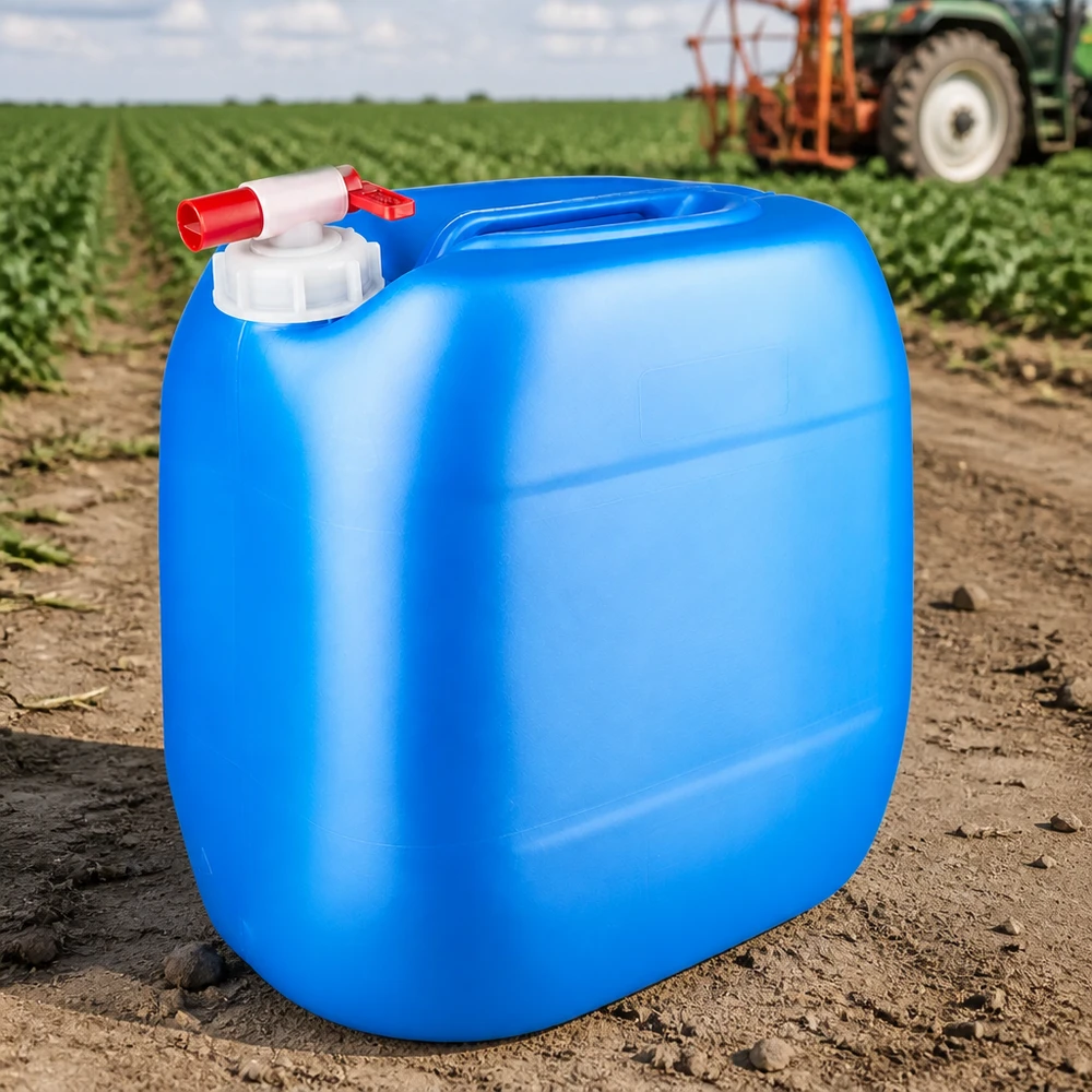 Tragbarer Landwirtschaftskanister 30L blau mit rotem Zapfhahn im Feldeinsatz