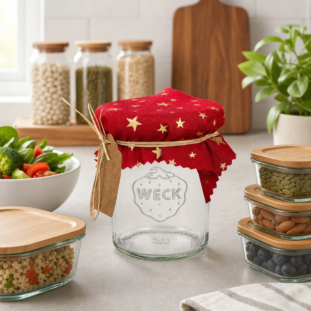 Stoff Schmuckdeckchen rot "Sterne" 12cm eckig Rotes Sterne-Stoffdeckchen 12cm auf leerem WECK Glas Küchentisch mit Vorratsgläsern und frischem Gemüse Ambiente