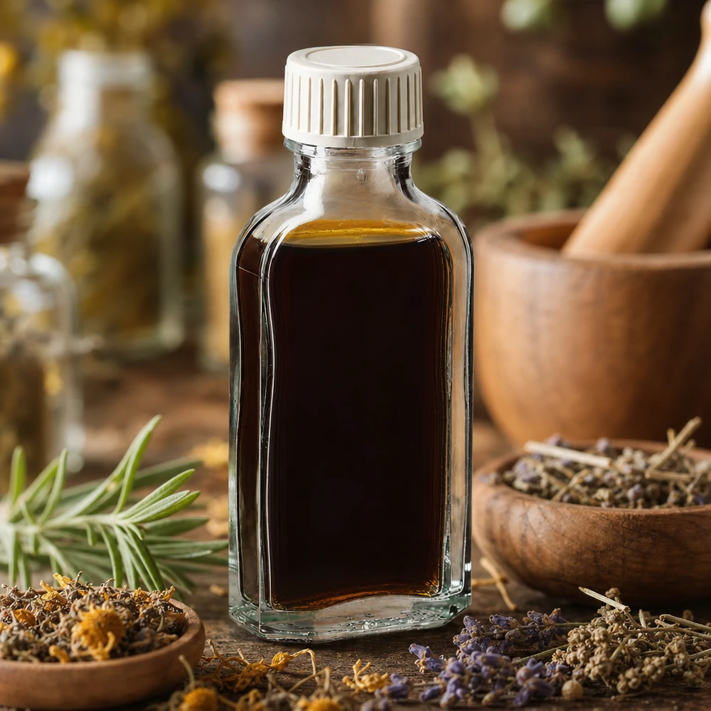 Braune Flüssigkeit in 50ml Meplat Flasche klar mit PE-Schaumeinlage für Naturprodukte und Extrakte