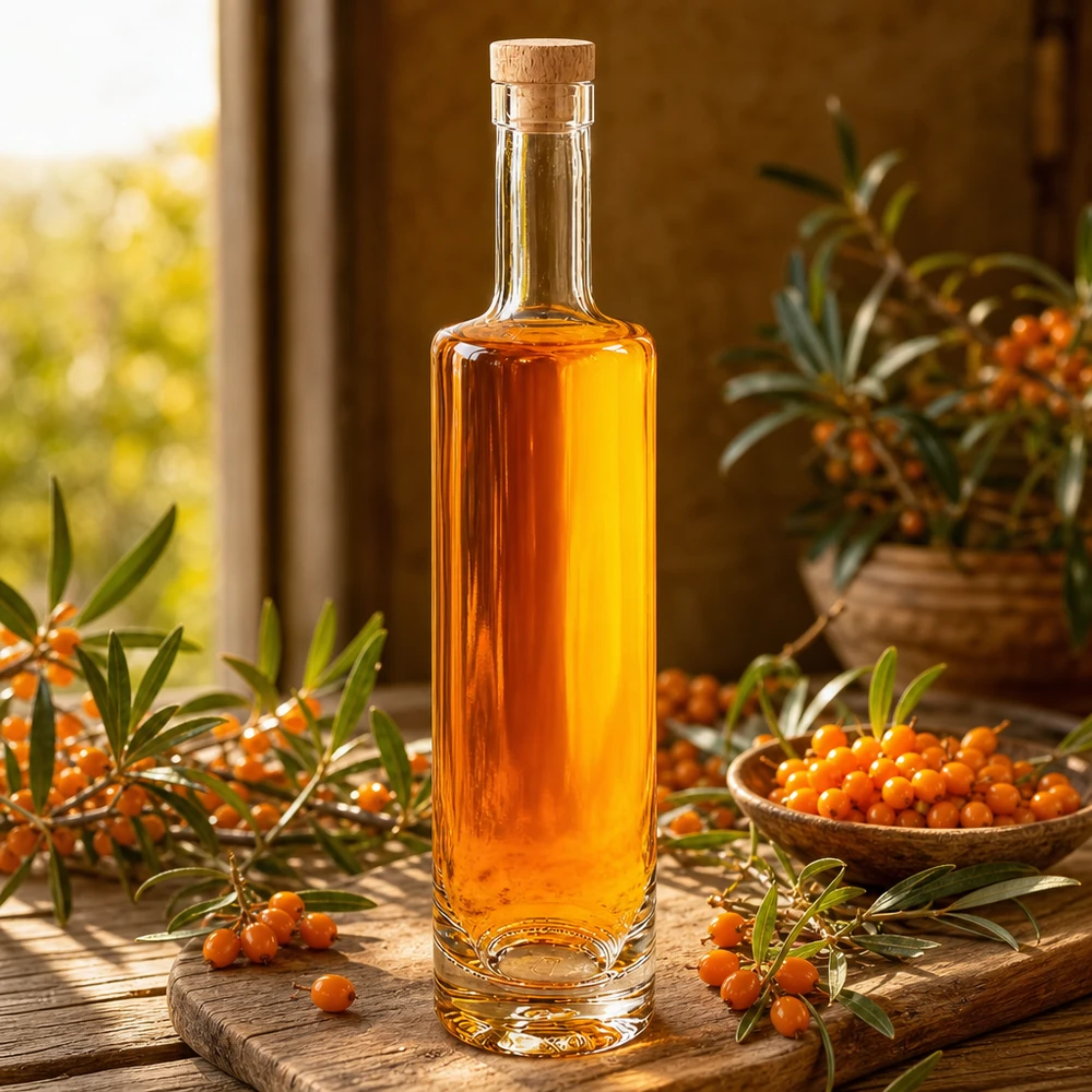 500ml Glasflasche Lina gefüllt mit Sanddornlikör umgeben von frischen Sanddornbeeren natürliche Deko Holzkorken