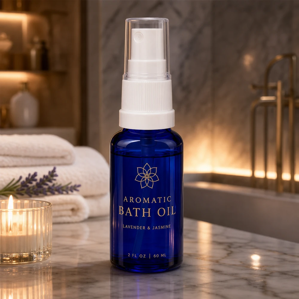 Apothekenflasche blau 20ml Sprayaufsatz weiß Kompakte Apothekersprayflasche 20ml in Kobaltblau mit weißem Sprühkopf für Badeöl-Anwendung