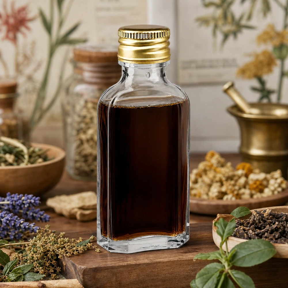 Flache 50ml Apothekerflasche transparent mit Golddeckel PP22 für Kräuterextrakte und Tinkturen