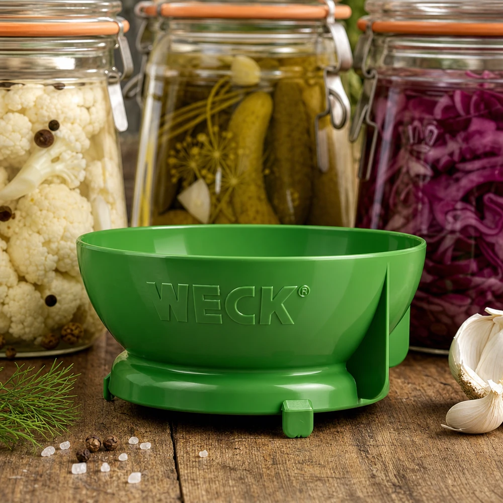 WECK Einfülltrichter grün zwischen Vorratsgläsern mit eingelegtem Gemüse Knoblauch und Gewürzen auf Holzbrett