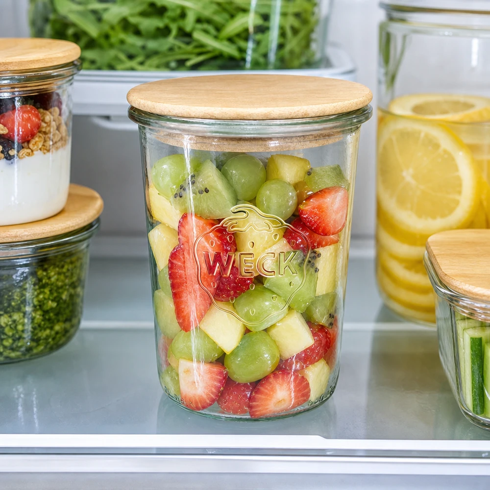 WECK Sturzglas 850ml mit Holzdeckel Kühlschrank Obstsalat Kiwi Erdbeeren frische Früchte Vorratshaltung Meal Prep