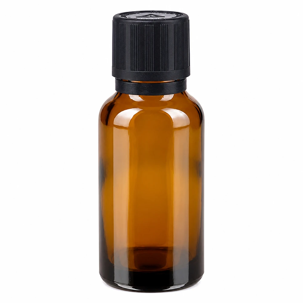 Kleine Apotheken Braunglasflasche 20ml mit schwarzem Schraubverschluss und 1mm Tropfeinsatz