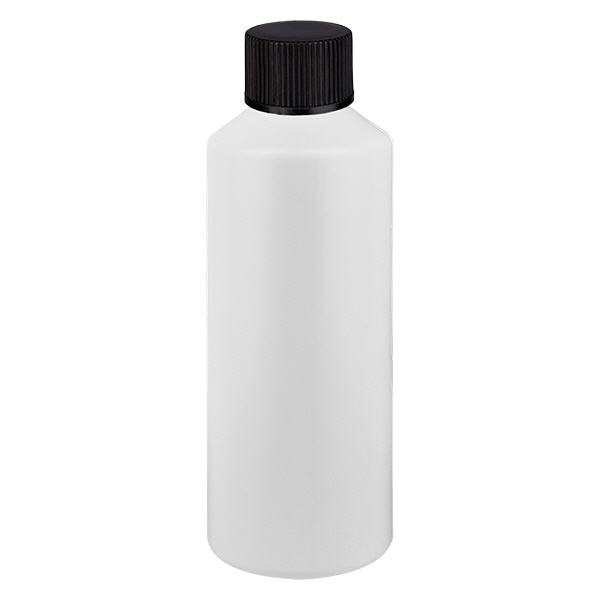 Apothekenflasche HDPE 100ml weiß, mit schwarz Schraubverschluss Apothekenflasche HDPE 100ml weiß, mit schwarz Schraubverschluss