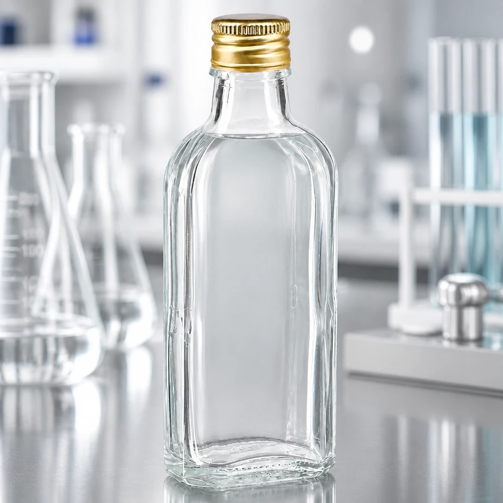 100 ml Meplat klar mit Alu Verschluss gold PP22 Flache rechteckige 100ml Klarglasflasche Meplat mit Goldkappe PP22 zwischen Laborgeräten