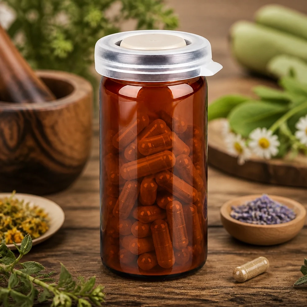 Tabletten/Rollrandglas 10ml braun mit Schnappdeckel Rollrandglas braun 10ml mit roten Kapseln gefüllt und kindersicherem Schnappverschluss