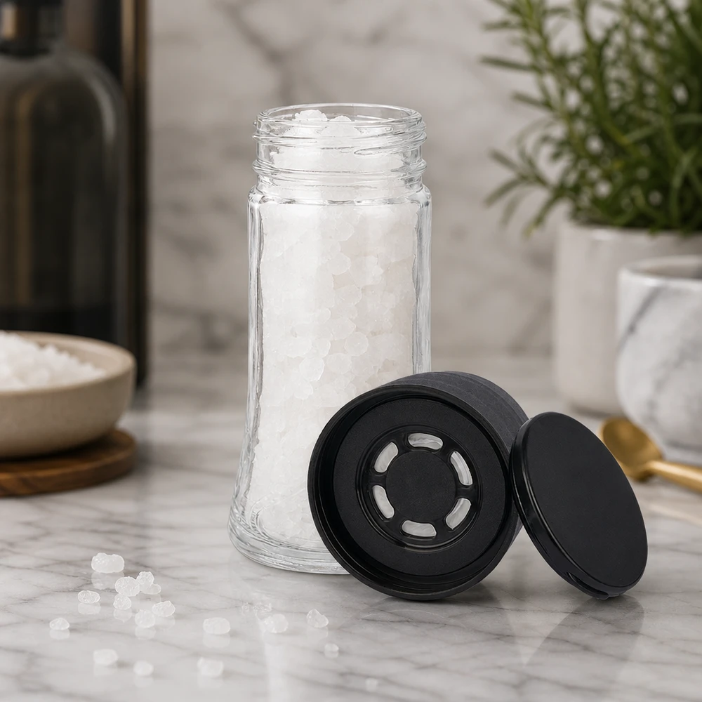 Salz-/Gewürzglas 95ml mit Mühle (grob) schwarz Kleines Gewürzglas 95ml gefüllt mit grobem Meersalz und schwarzem Kunststoffmühlenaufsatz