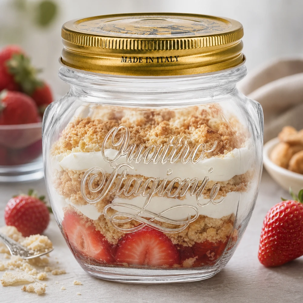 Quattro Stagioni 300ml Rundglas mit goldenem Deckel gefüllt mit Schichtdessert aus Erdbeeren und Streuseln Made in Italy