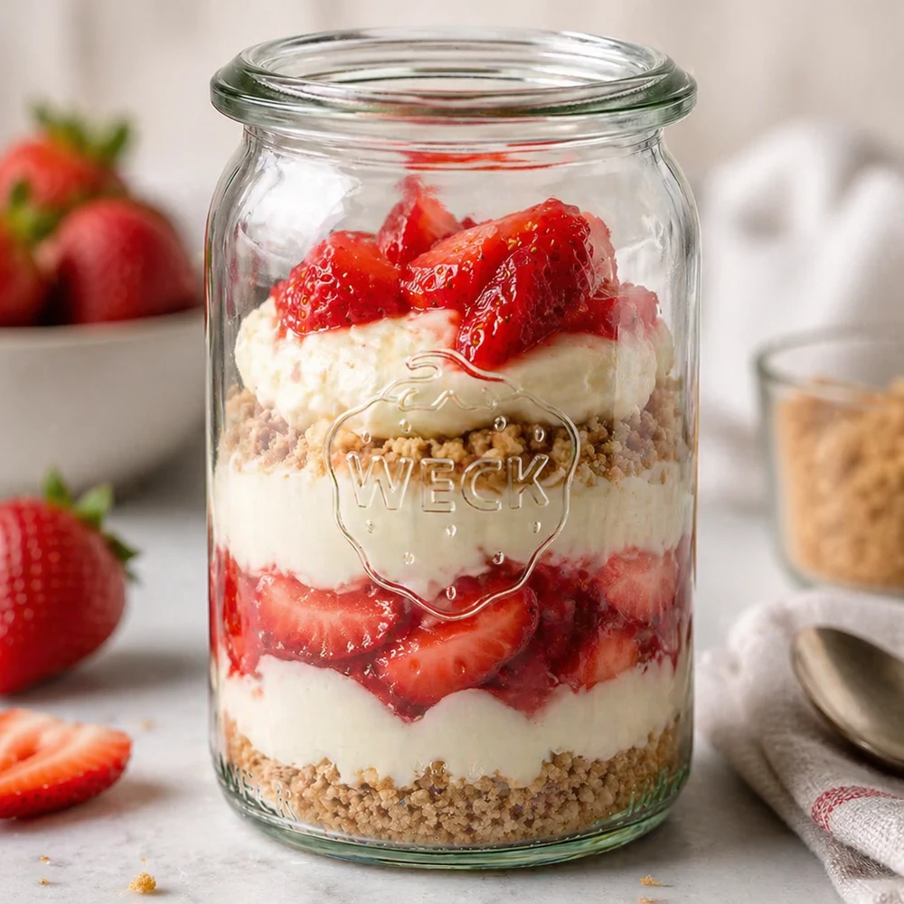 WECK RR40 Zylinderglas 145ml als Dessertglas mit Erdbeeren Sahne und Streuseln geschichtet auf Küchentheke