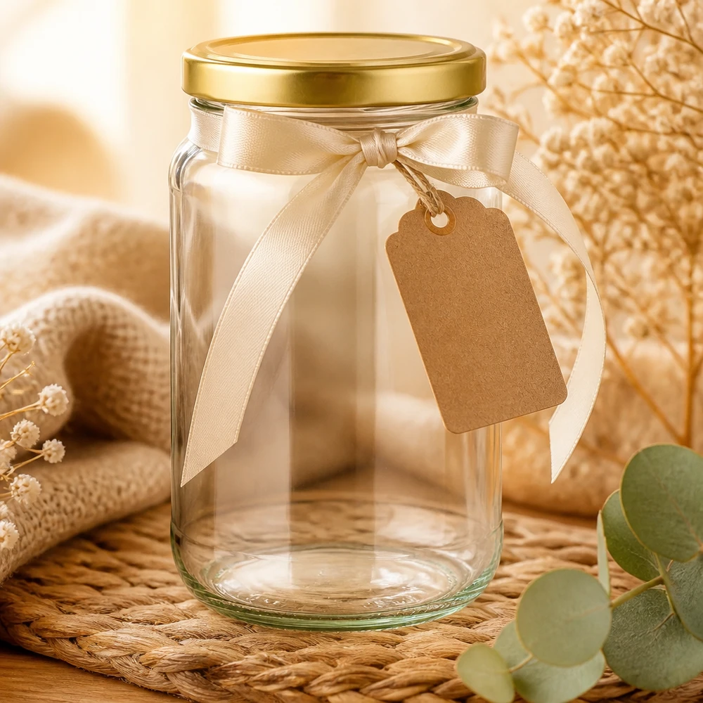 1700ml Rundglas mit BasicSeal Deckel gold UNiTWIST 1700ml Rundglas BasicSeal gold als Geschenkverpackung mit Schleife und Anhänger auf Naturmaterialien dekoriert