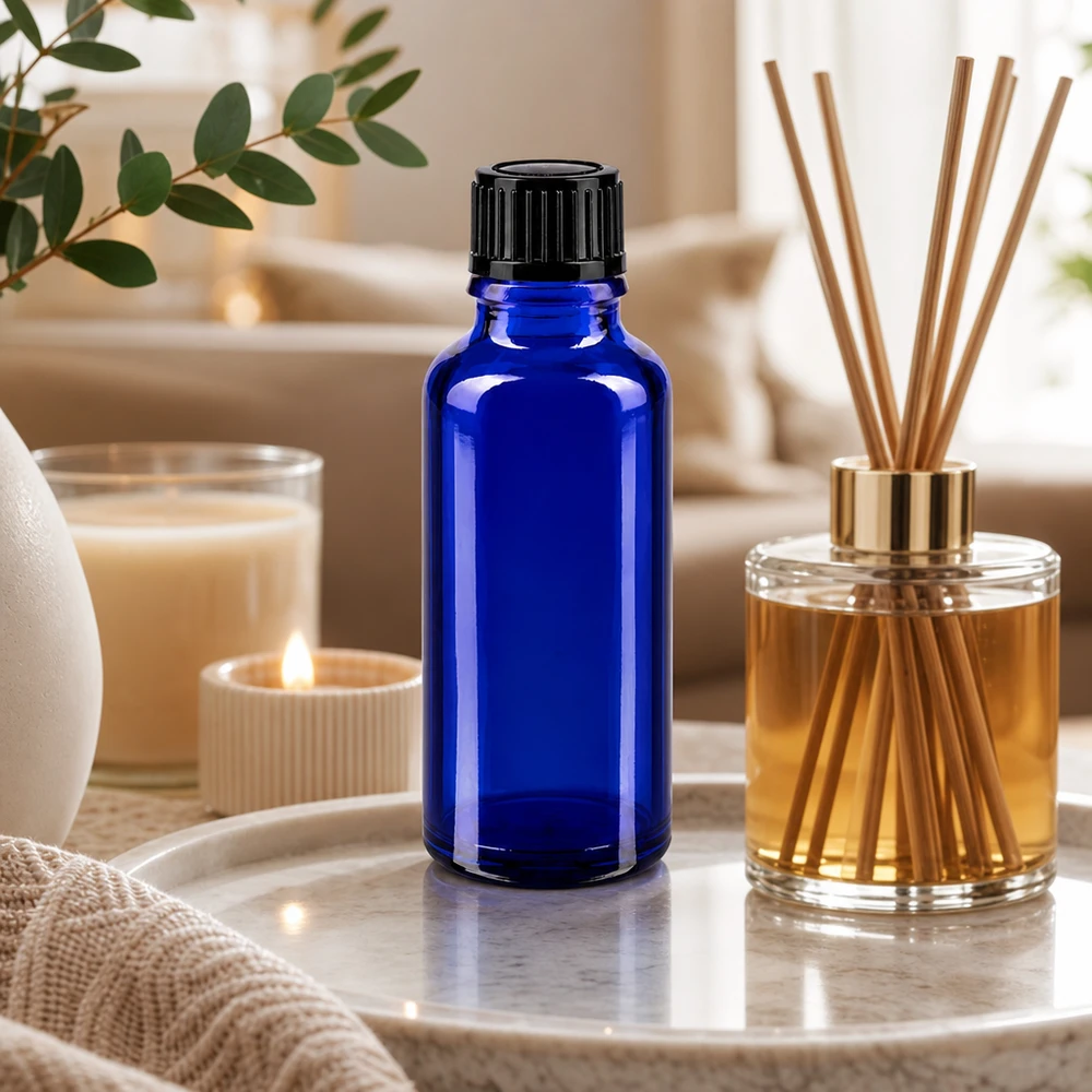 Apothekenflasche blau 30ml Schraubverschluss schwarz Standard Kobaltblaue Glasflasche 30ml mit Aromadiffuser und Kerzen in entspannter Wohnatmosphäre