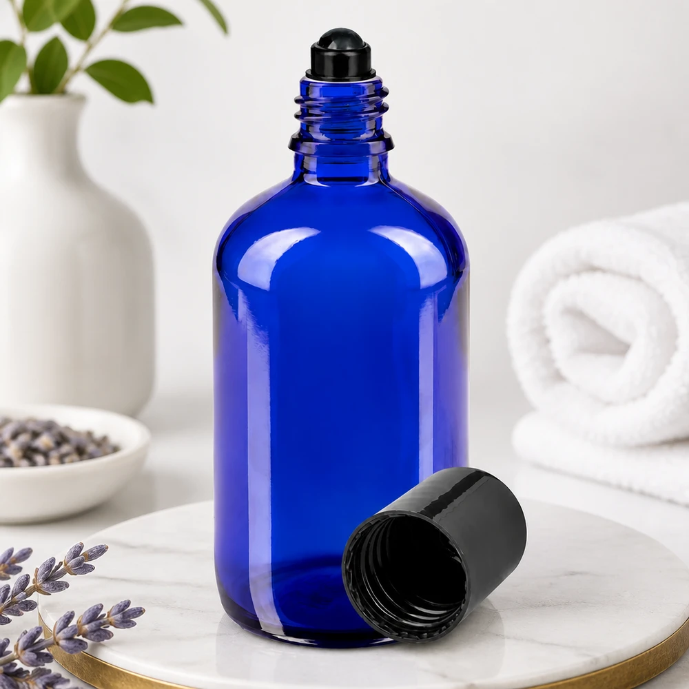 Kobaltblaue Apothekerflasche 100ml mit Roll-On Applikator für ätherische Öle