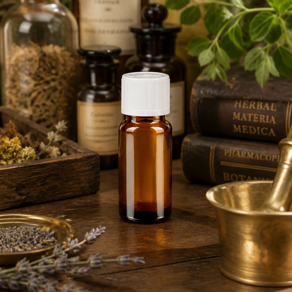 Apothekenflasche braun 10ml Schraubverschluss weiß Kindersicherung Standard Braune Tropfflasche 10ml mit Kindersicherheitsverschluss zwischen Mörser und getrockneten Kräutern
