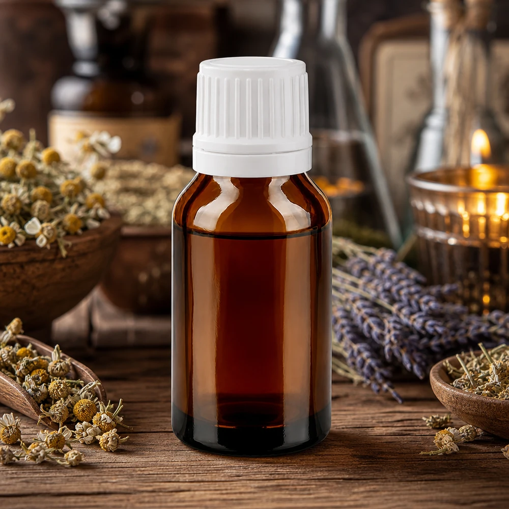 Medizinische Tropfflasche 15ml bernsteinfarbenes Glas mit 1,2mm Tropfeinsatz auf rustikalem Holztisch