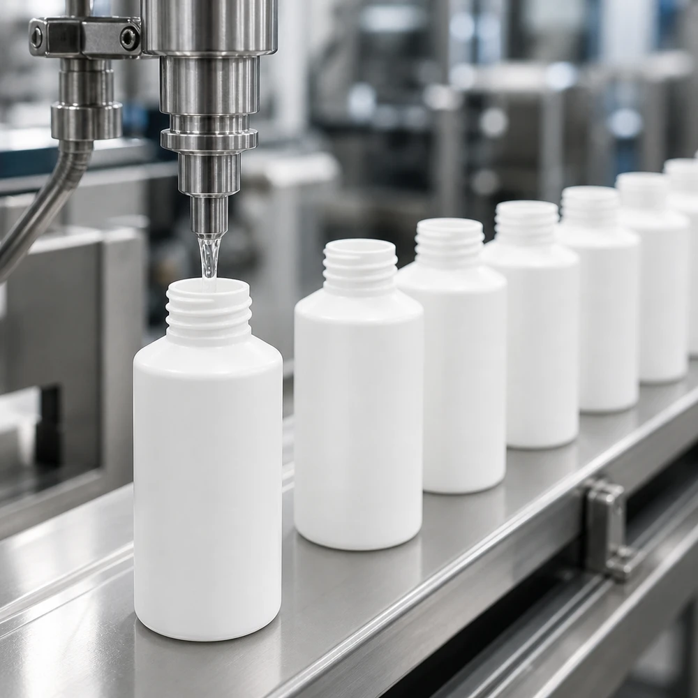 Apothekenflasche HDPE 50ml weiß, ohne Verschluss Serienproduktion weißer HDPE Kunststoffflaschen 50ml ohne Verschluss in Pharmafabrik