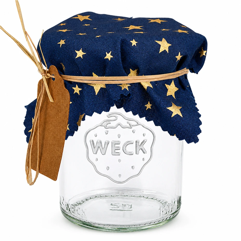 Blaues Stoff-Schmuckdeckchen mit goldenen Sternen auf WECK-Glas, quadratisch 12cm, Marmeladendeckchen