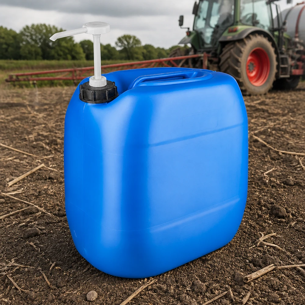 Robuster Außenkanister 30 Liter blau mit Pumpspender im Feldeinsatz bei der Ernte