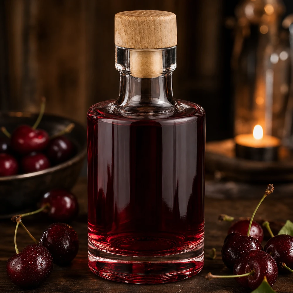 100ml Glasflasche "Marie" mit Holzgriff-Korken UNiTWIST 100ml Glasflasche Marie mit Holzkorken gefüllt mit rotem Kirschlikör bei Kerzenschein umgeben von frischen Kirschen