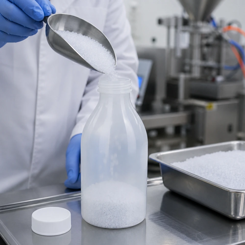 Labortechniker in Schutzausrüstung befüllt 250ml Enghals Flasche mit weißem Granulat