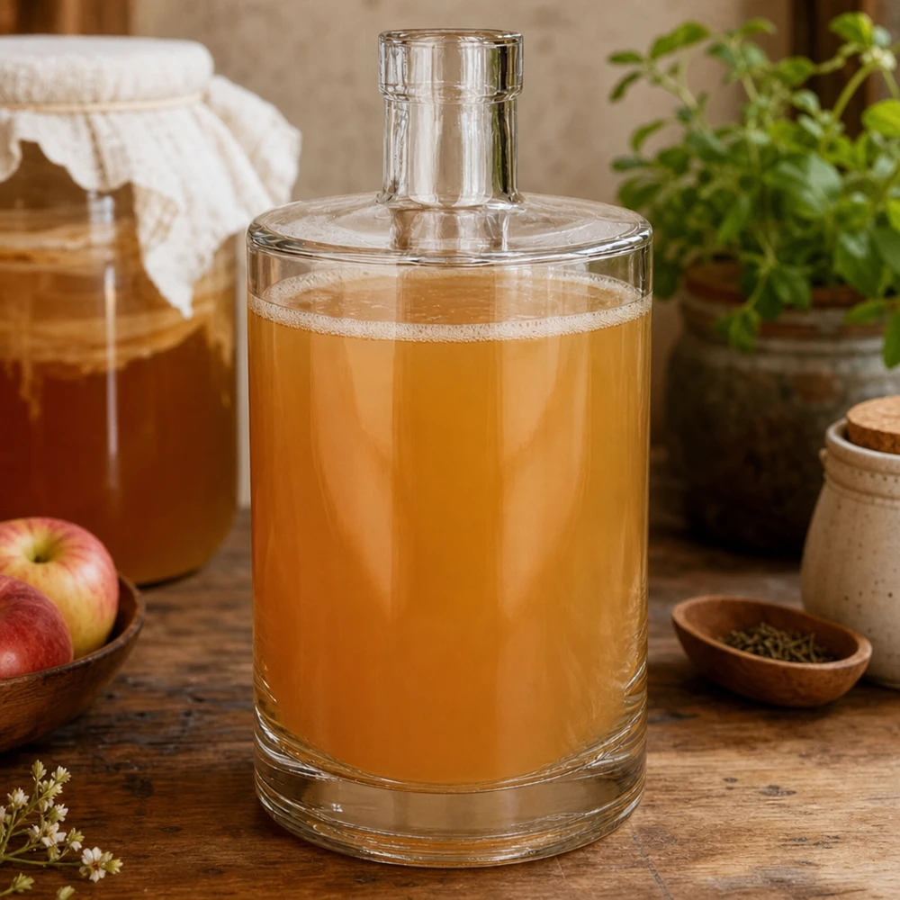 700ml Glasflasche "Galileo" ohne Verschluss UNiTWIST® 700ml Glasflasche Marie mit bernsteinfarbenem Getränk auf rustikalem Holztisch mit Äpfeln und Kräutern dekoriert